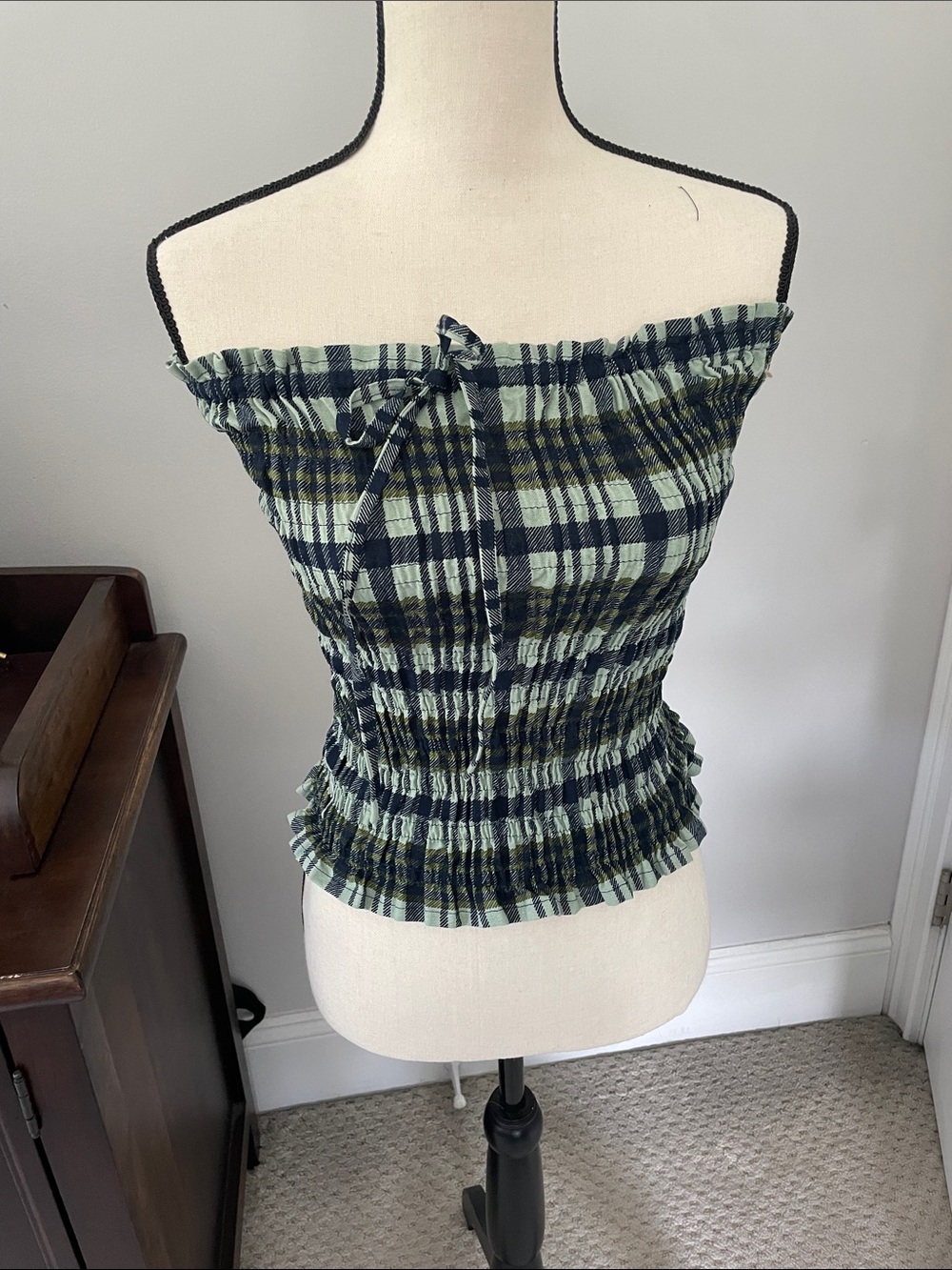 Motel Rocks Navy and Sage Plaid Smocked Off-Shoulder Crop Top